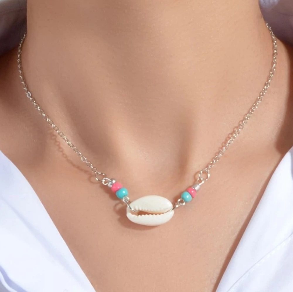Pacific Coast Cowrie Shell necklace silver pink